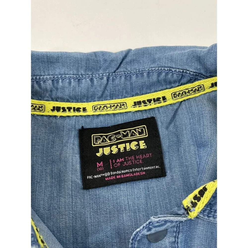 Justice Girls Pacman Denim Shirt Snap Closure Short Sleeve Size M Blue‎